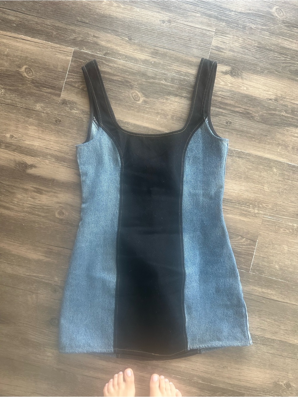 Vici Two-Tone Denim Panel Mini Dress in Black and Blue